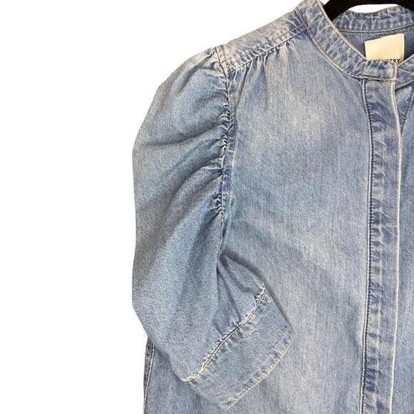 Industry Blue Denim Button Shirt with Puff Ruffle Ruche Sleeve Women sz L - Picture 7 of 9